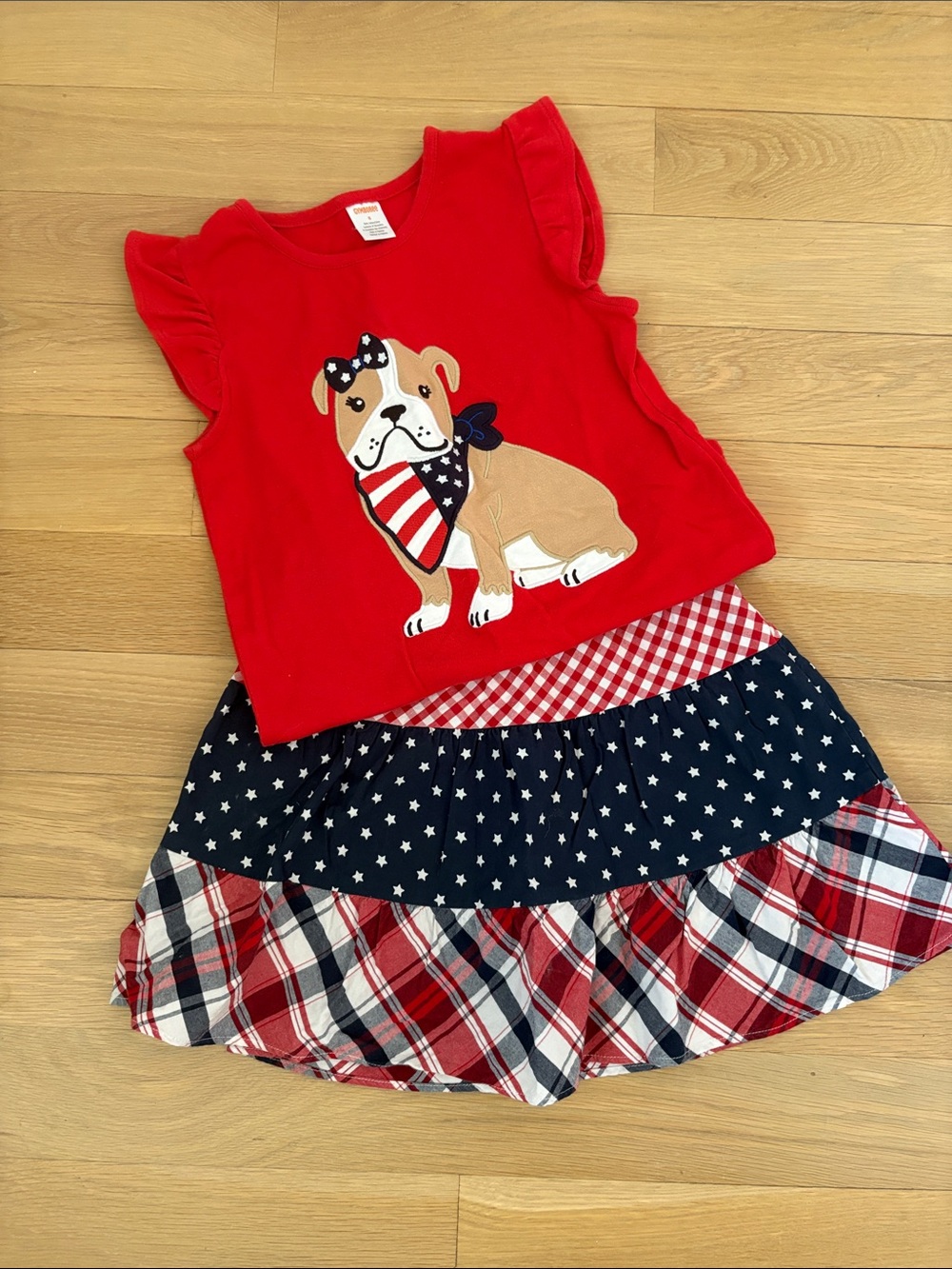 Girls Red GYMBOREE Patriotic Bulldog Tank & Star Plaid Tiered Skort Set